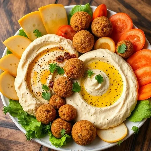 A beautiful platter of hummus and falafel