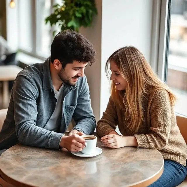 Two friends collaborating over a table with laptops and coffee.