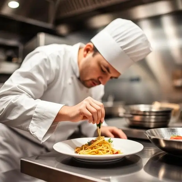 A chef meticulously preparing a dish in a professional kitchen.