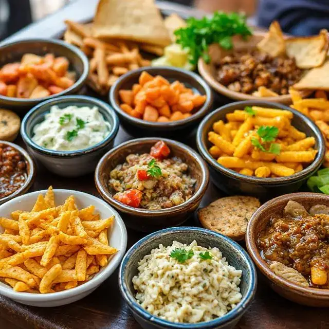 A vibrant spread of Middle Eastern meze dishes